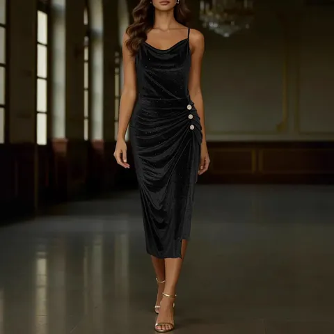Γυναικείο Sexy Cowl Laimokopsi Skisma Bodycon Φόρεμα Monochromo Amaniko Metalliko Veloydo Midi Party Club