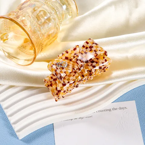 Koreanischer Stil Acetat Kariert Schleife Haarkralle Elegant Strass Herz Haarklem Kopfschmuck Für Damen Tägliche Haar Accessoires