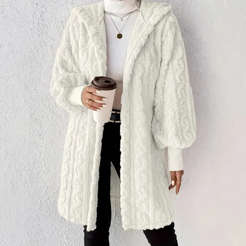 Women's Casual Coral Fleece Hooded Long Sleeve Loose Coat Solid Color Winter Warm Pocket Outerwear Daily Streetwear