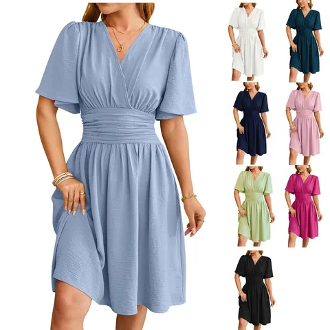 Women Casual V-Neck Flare Short Sleeve Solid Color Pleated Midi Dress Elegant Commuter Spring Summer Dress