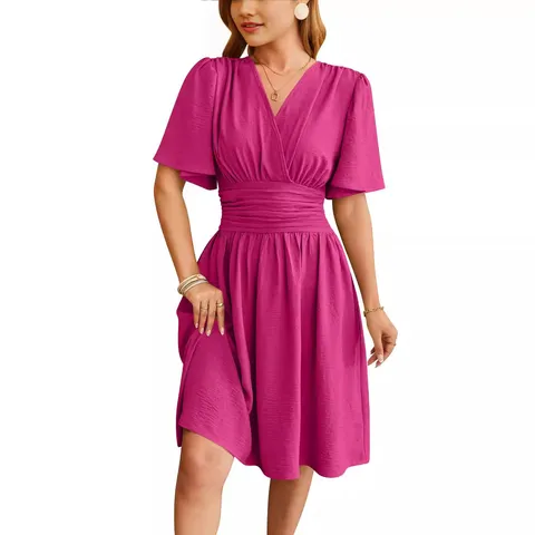 Women Casual V-Neck Flare Short Sleeve Solid Color Pleated Midi Dress Elegant Commuter Spring Summer Dress