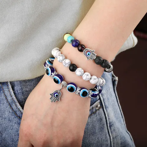 Vintage Lava Stone Hamsa Hand Evil Eye Beaded Bracelet For Women Handmade Natural Stone Chakra Elastic Yoga Stretch Bracelet Jewelry Gift