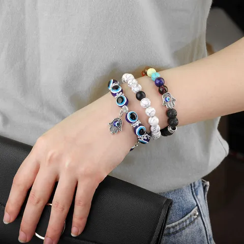Vintage Lava Stone Hamsa Hand Evil Eye Beaded Bracelet For Women Handmade Natural Stone Chakra Elastic Yoga Stretch Bracelet Jewelry Gift