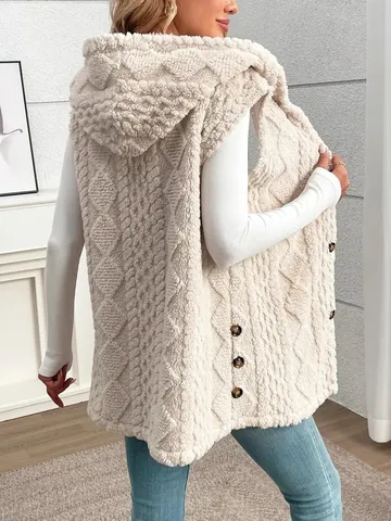 Women's Casual Solid Color Hooded Single-Breasted Fleece Vest Autumn Winter Sleeveless Regular Fit Outerwear