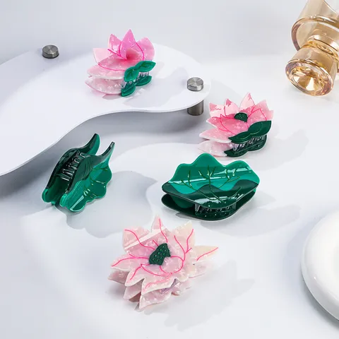 Elegante Molletta per Capelli in Acetato di Cellulosa a Forma di Fiore di Loto e Foglia per Donna Clip a Squalo Floreale di Alta Qualità
