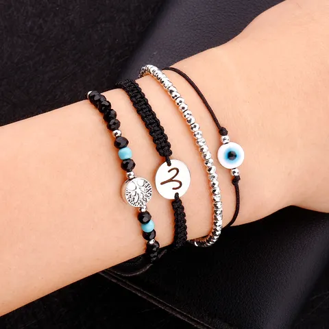 Minimalist Glass Evil Eye Hand Woven Rope Bracelet Set For Couples Unisex Alloy Beads Adjustable Charm Protection Friendship String Wristband Jewelry