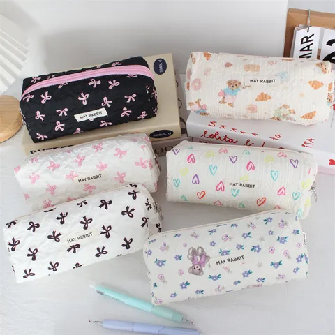 Pleated Pencil Case Large Capacity Bubble Fabric School Stationery Box Cute Bow Heart Bear Print Makeup Storage Bag For Girls
