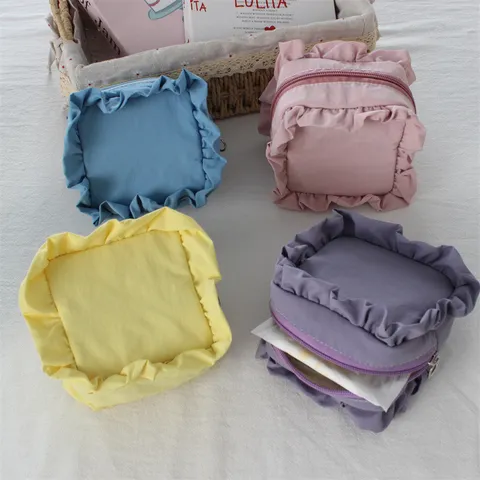 Süße Rüschen Quadratisch Nylon Kosmetiktasche Einfarbig Reißverschluss Mini Münztüte Tragbare Make-up Aufbewahrungstasche Kopfhörer Organizer Für Reise Damen