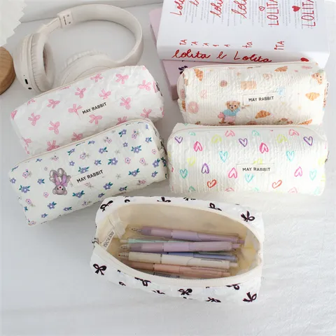 Pleated Pencil Case Large Capacity Bubble Fabric School Stationery Box Cute Bow Heart Bear Print Makeup Storage Bag For Girls