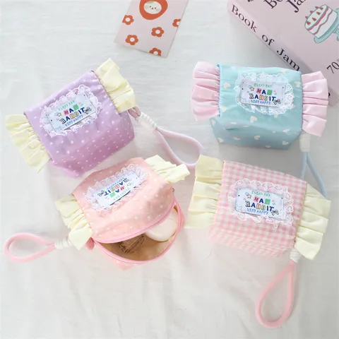 Bolsa de Cosméticos Forma de Caramelo Borde de Volantes Algodón Estampado Cuadros Lunares Monedero Linda Bolsa de Maquillaje para Mujer
