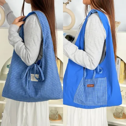Vintage Checkered Double-Sided Patchwork Tote Bag Large Capacity Cotton Vest Shoulder Bag For Women Casual Versatile Shopper Bag