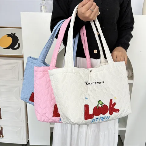Women Quilted Heart Pattern Shoulder Bag Cute Cartoon Cherry Embroidered Tote Bag Large Capacity Shopping Handbag