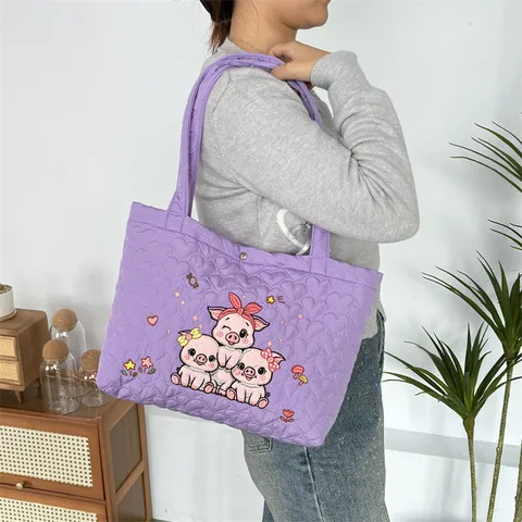 Cartoon Embroidery Quilted Tote Bag For Women Large Capacity Heart Pattern Padded Shoulder Bag Casual Commuting Handbag
