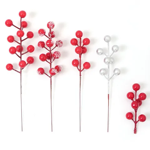Bayas Rojas de Acebo Artificiales Tallo Con Flocado de Nieve Brillo Ramas de Bayas de Navidad para Invierno Año Nuevo Arreglo Floral Decoración del Hogar