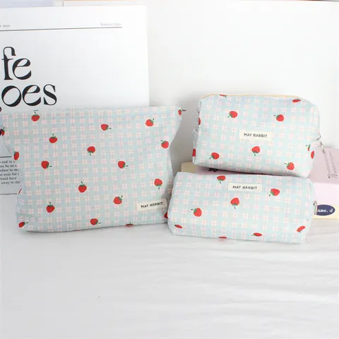 Bolsa de Cosméticos de Panilla con Estampado Floral Fresa Estuche de Lápices de Gran Capacidad Bolsa de Almacenamiento de Viaje con Cierre de Cremallera Organizador de Maquillaje