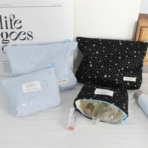 Ins Silver Star Sequin Canvas Makeup Bag Large Capacity Portable Skincare Storage Pouch Handheld Cosmetic Bag For Women