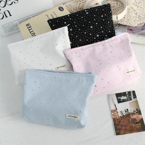 Ins Silver Star Sequin Canvas Makeup Bag Large Capacity Portable Skincare Storage Pouch Handheld Cosmetic Bag For Women