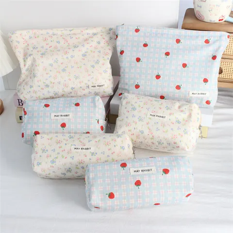 Bolsa de Cosméticos de Panilla con Estampado Floral Fresa Estuche de Lápices de Gran Capacidad Bolsa de Almacenamiento de Viaje con Cierre de Cremallera Organizador de Maquillaje