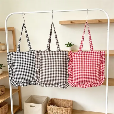 Damen Rüschen Kariert Tote Bag Polyester Schulterhandtasche Große Kapazität Lässig Täglich Pendeln Leinwand Innentasche Offene Tasche
