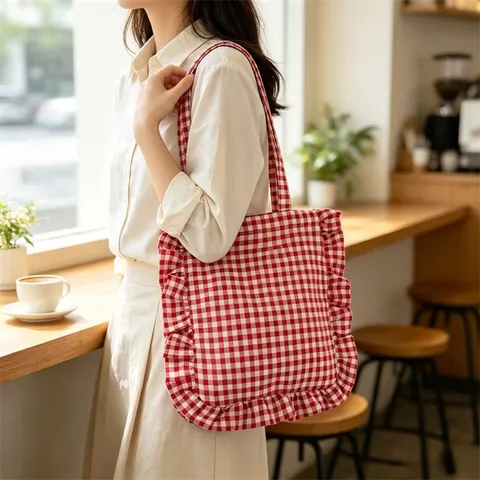 Damen Rüschen Kariert Tote Bag Polyester Schulterhandtasche Große Kapazität Lässig Täglich Pendeln Leinwand Innentasche Offene Tasche