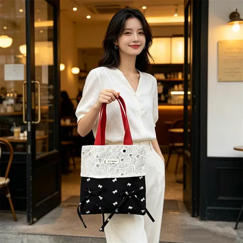 Süße Schleife Farbblock Baumwolle Canvas Handtasche Bedruckt Lässige Einkaufstasche Offene Pendler Kleine Tragetasche Für Damen