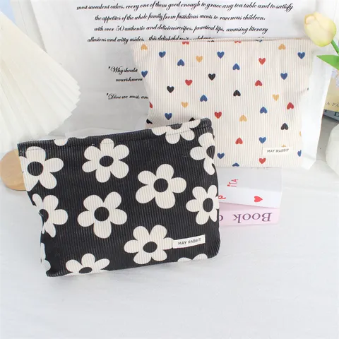Corduroy Cosmetic Bag Portable Storage Pouch Heart Print Lipstick Bag Lightweight Zipper Liner Makeup Organizer Women
