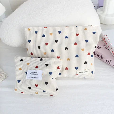 Corduroy Cosmetic Bag Portable Storage Pouch Heart Print Lipstick Bag Lightweight Zipper Liner Makeup Organizer Women