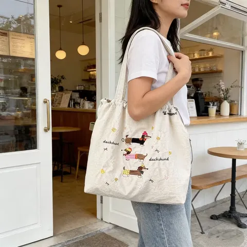 Women Embroidered Puppy Drawstring Shoulder Bag Large Capacity Polyester Tote Bag Student Daily Commute Handbag