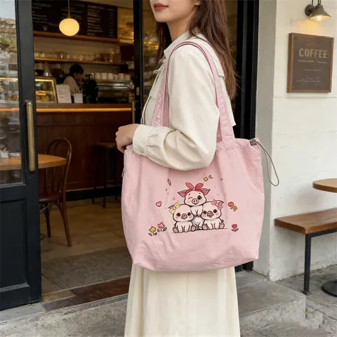 Bolso Tote de Poliéster Casual para Mujer Lindo Bordado de Cerdito Cordón Bolso de Hombro Mano Escuela Versátil Ligero