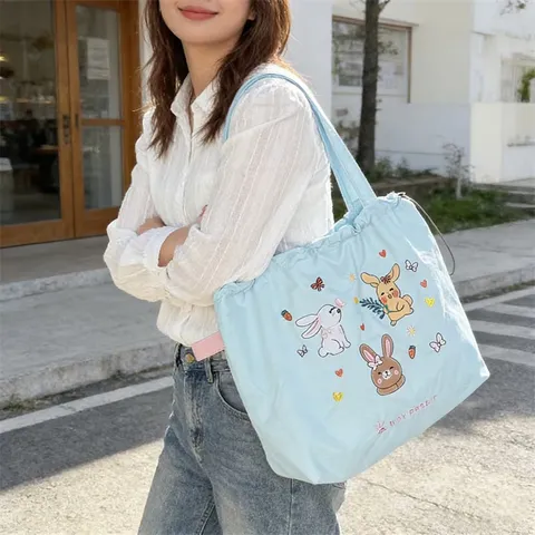 Korean Style Cute Embroidered Rabbit Tote Bag Large Capacity Polyester Shoulder Bag Drawstring Commuter Handbag For Women Students