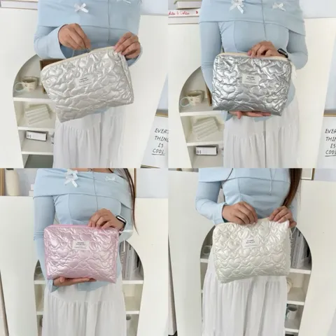 Korean Style Quilted Heart PU Leather Clutch Bag Portable Waterproof Toiletry Travel Storage Makeup Bag For Women Simple Fashion Large Capacity Handbag