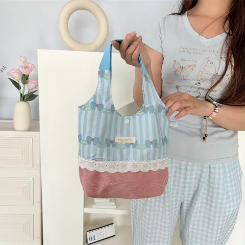 Women Sweet Patchwork Handbag Printed Stripe Bowknot Tote Bag Lace Trim Vest Style Large Capacity Storage Bag Fashion Daily Carry Bag