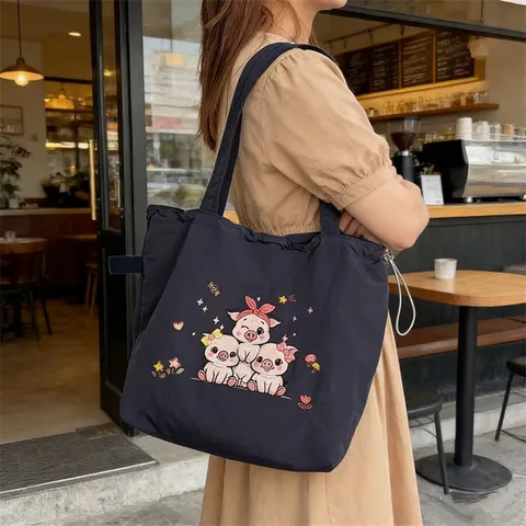 Bolso Tote de Poliéster Casual para Mujer Lindo Bordado de Cerdito Cordón Bolso de Hombro Mano Escuela Versátil Ligero