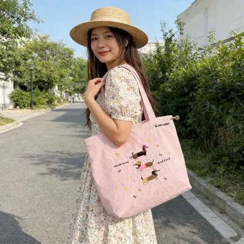 Women Embroidered Puppy Drawstring Shoulder Bag Large Capacity Polyester Tote Bag Student Daily Commute Handbag