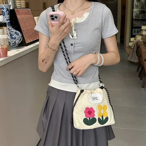 Women Fashion Nylon Crossbody Cell Phone Bag Cute Floral Embroidered Drawstring Casual Messenger Shoulder Bag