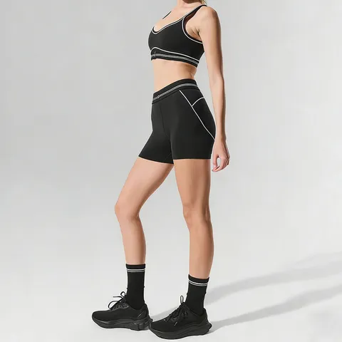 Women Athletic Top And Bottom Contrast Piping Crop Tank Top And High Waist Shorts Gym Fitness Workout Outfit