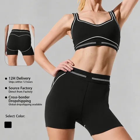 Women Athletic Top And Bottom Contrast Piping Crop Tank Top And High Waist Shorts Gym Fitness Workout Outfit