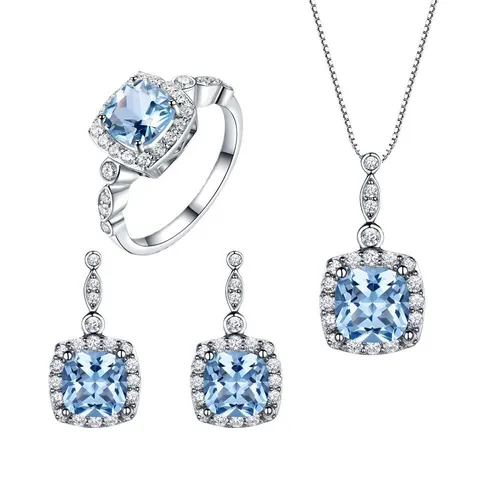 Minimalistisch 925 Sterlingsilber Himmelblau Strass Schmuckset Für Damen Quadratisch Anhänger Boxkette Halskette Ohrringe Ring Set