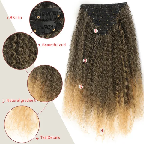Extensions de Cheveux Synthétiques pour Femmes Kinky Curly Clip In Postiches Ombre Brun Noir Dégradé Fibre Résistante À La Chaleur Postiche Quotidien Fête
