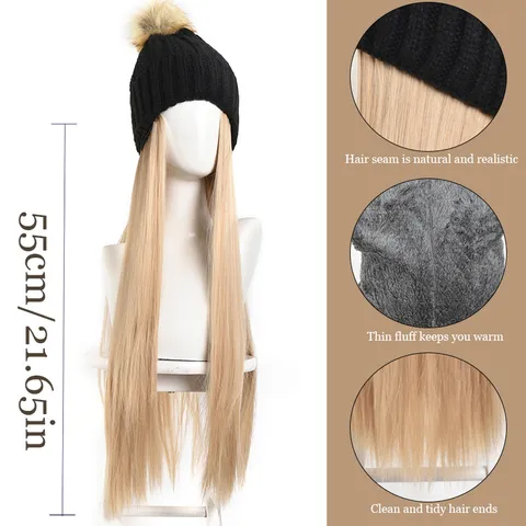 Women Winter Warm Knit Woolen Beanie Pom-Pom Hat Integrated Long Straight Wig Hair Combo Fleece Lined Warm Hair Styling Costume Accessory For Daily Outings