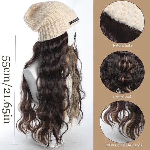 Long Curly Hair Wig With Knitted Beanie Hat Integrated Synthetic Fiber Water Wave Hair Extensions With Highlights For Women