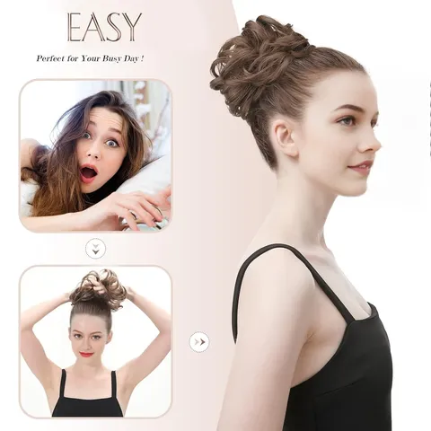 Chignon Coiffé Décoiffé en Fibre Synthétique Résistante à la Chaleur Naturelle Élastique Donut Moelleux Postiche Extension de Cheveux pour Femmes