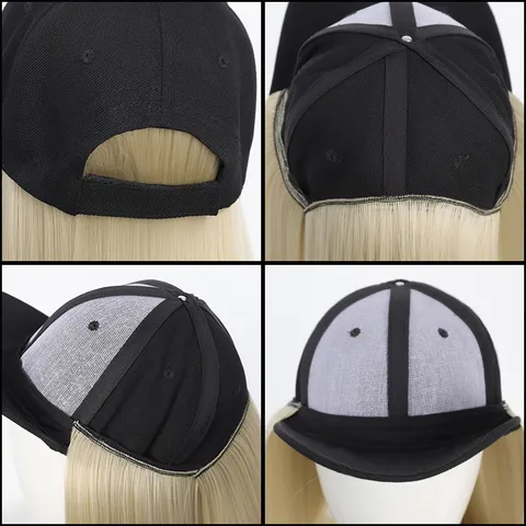 Perruque Longue Droite en Fibre Synthétique Haute Température Casquette de Baseball en Coton Noir Intégrée Chapeau de Soleil Respirant pour Femmes