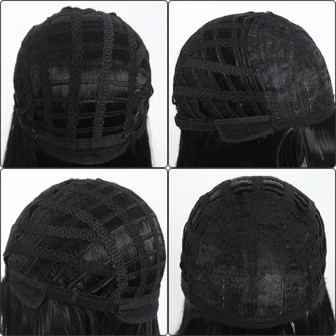 Women Black Long Straight Synthetic Wig With Blunt Bangs Heat Resistant Fiber Machine Made Full Head Wig For Cosplay Party