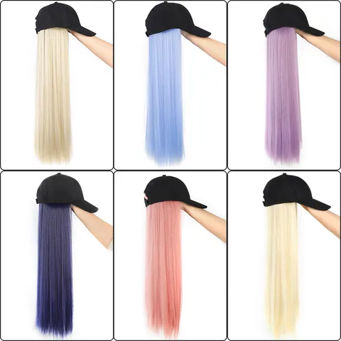 Perruque Longue Droite en Fibre Synthétique Haute Température Casquette de Baseball en Coton Noir Intégrée Chapeau de Soleil Respirant pour Femmes