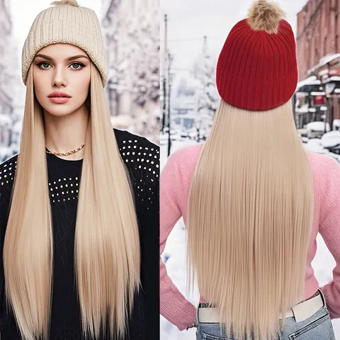 Women Winter Warm Knit Woolen Beanie Pom-Pom Hat Integrated Long Straight Wig Hair Combo Fleece Lined Warm Hair Styling Costume Accessory For Daily Outings