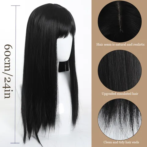 Women Black Long Straight Synthetic Wig With Blunt Bangs Heat Resistant Fiber Machine Made Full Head Wig For Cosplay Party