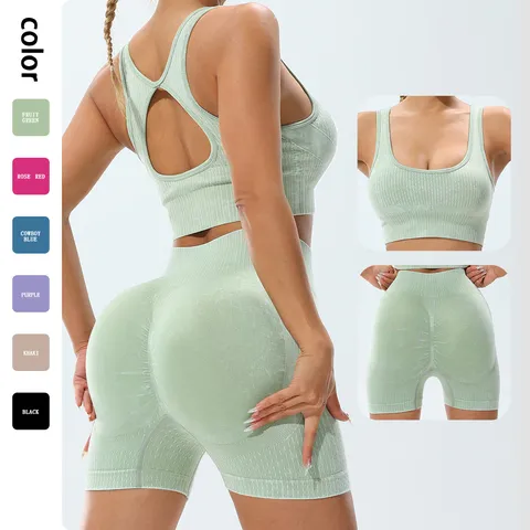 Women Seamless Sand Washed Yoga Set Ribbed Activewear High Waist Butt Lift Workout Top And Bottom Gym Fitness Sportswear