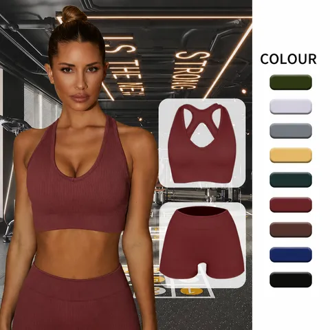 Dames Naadloos Geribbeld Yoga Pak Sport-BH En Strakke Shorts Tweedeelig Fitness Activewear Gym Workout Sportset