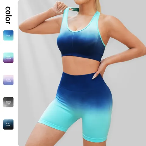 Women Gradient Seamless Yoga Set Sports Bra And High Waist Butt Lifting Shorts Quick Dry Gym Workout Top And Bottom